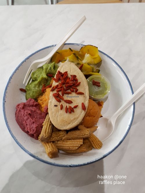 Bowl with sweet potatoes, avocado, baby corn, veg chicken, goji, Thai curry, kimchi at Haakon - One Raffles Place in Central Singapore