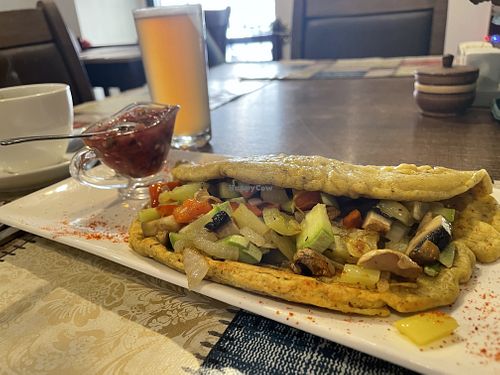 Chickpea Omelett and Ginger Komucha at Mama Terra Veggie Corner in Tbilisi