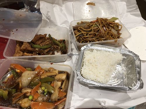 Salt and chilli tofu, veg chow mien, mixed veg and boiled rice at Wok Inn in Downpatrick