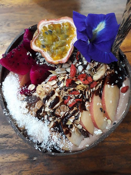 Cacao Bliss smoothie bowl at Blossom Cafe in Pai