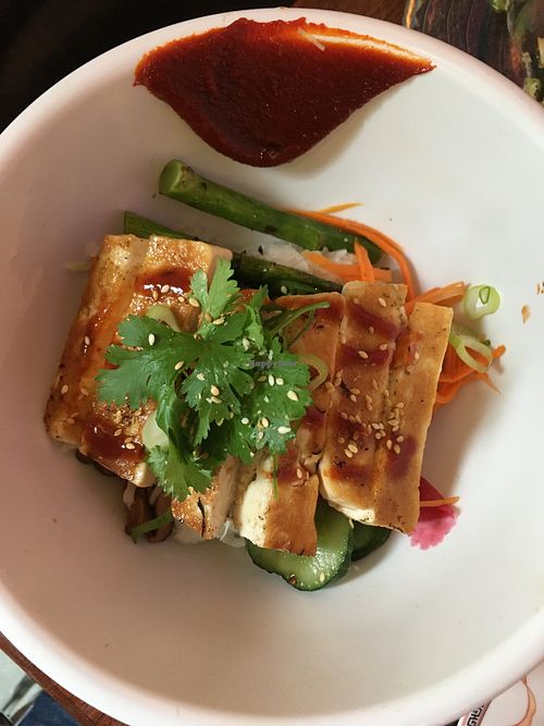 Rice bowl with tofu and without egg, also had raw, cooked and pickeled veggies at Camino in Antwerpen