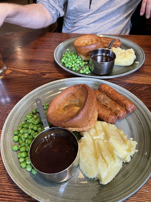 Vegan sausage and mash  at Baron of Beef in Cambridge
