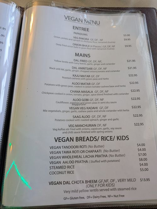 Vegan menu at Aalishan Indian Restaurant in Townsville