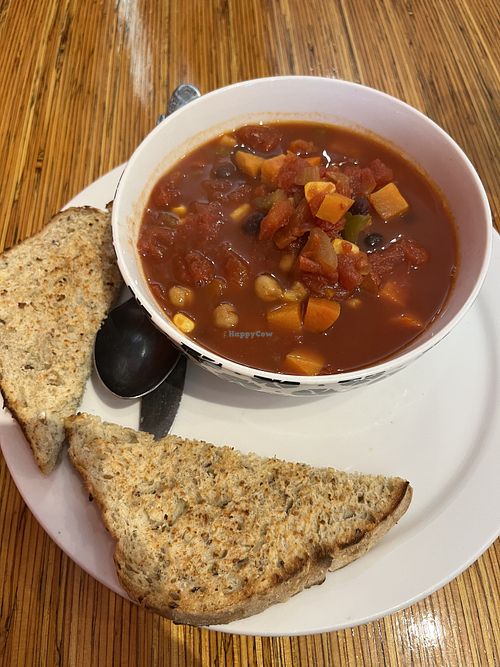 Vegan chili and house made bread  at The Tall And Small Cafe in Antigonish