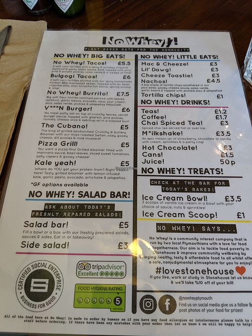 menu at No Whey in Plymouth