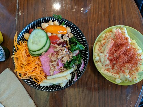 Mac-n-cheeze and mixed salads at No Whey in Plymouth
