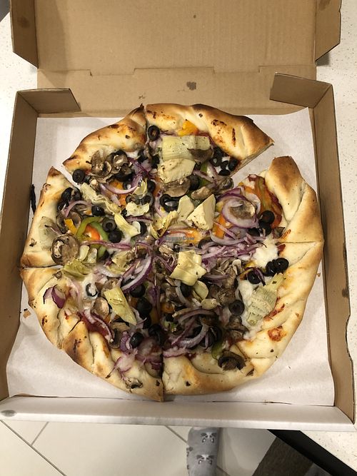 Vegetarian pizza with non-dairy cheese. Yum! at Blind Onion Pizza & Pub in Elko