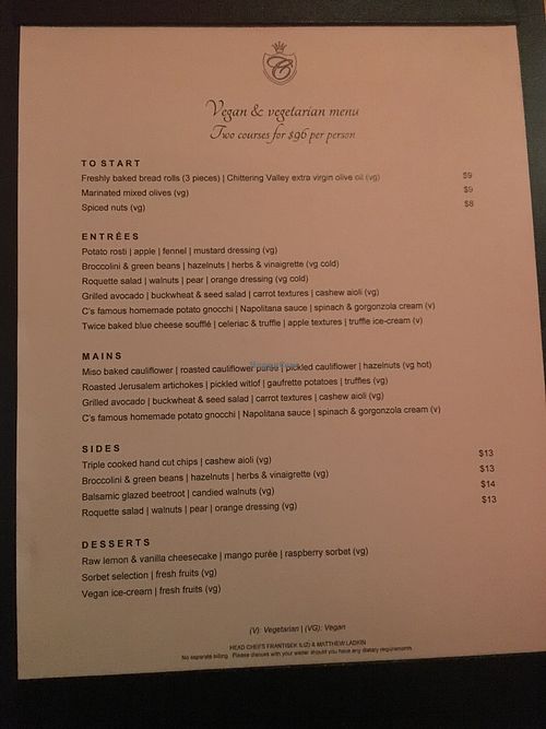 Vegan and vegetarian menu Sept 2018 at C Restaurant in the Sky in Perth