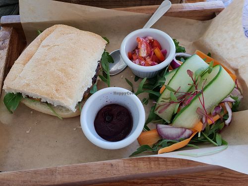 Bean burger with salad and dressing at Meraki Market Cafe in Paphos