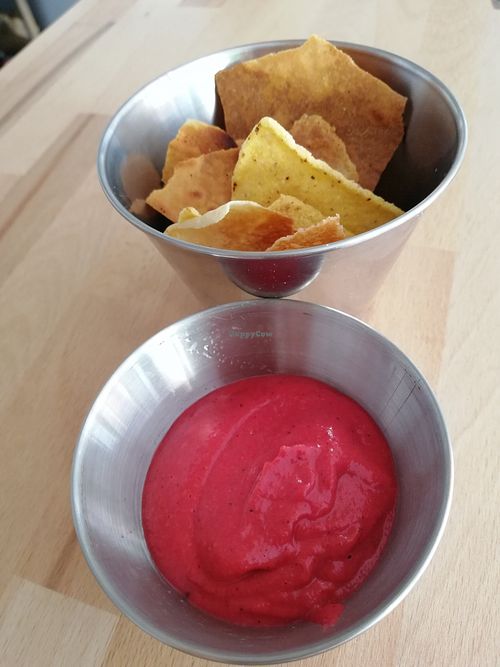 Beet root hummus with glutenfree homemade chips  at Avocado Mallorca in Mallorca
