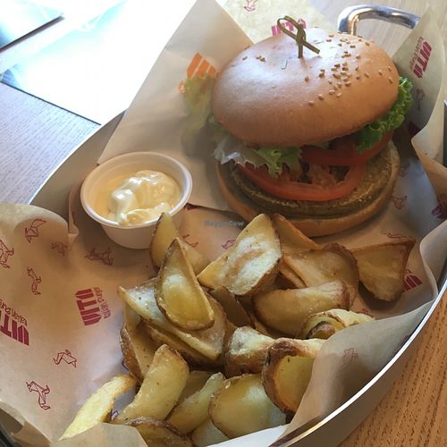 The Voltaire burger—I choose it at 6 euros not only because it was the least expensive burger, but because Candide is one of the greatest stories of all time, with Dr. Pangloss and “This is the Best of all possible worlds.”  And this was the best of a basic vegan burger; the “chips” were absolutely delicious but ordered as a side for €3. at Vita Italian Burger in Milan