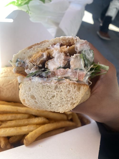 Bistro Chick’n’ Sammy w/Fries  Lunch/Dinner Serving Size  at TNK Vegan Cafe in Modesto