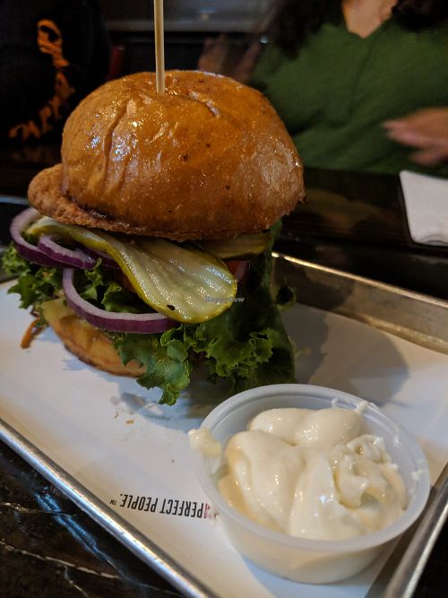 Faux chik'n "Herbie Hancock" sandwich with vegan garlic sauce at Pie Dog in Fullerton