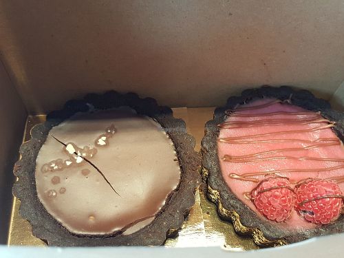 Chocolate and caramel pie and chocolate and raspberry pie at Bonbon Collections in Montreal
