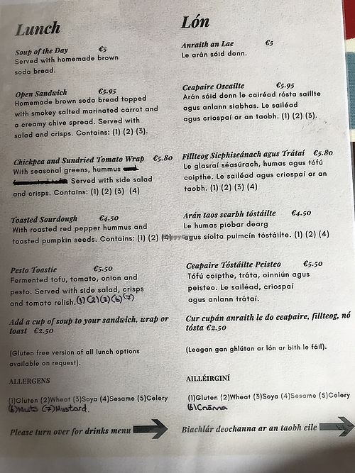 Lunch menu at Bláth na Gréine in Inis Oirr
