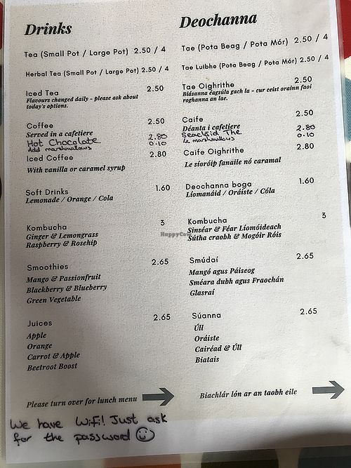 Drinks menu at Bláth na Gréine in Inis Oirr