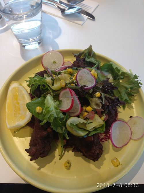 Corn fritters with beetroot purée   at The River Deck in Albury