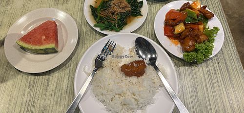 2 sweet meals here $12 & 15. Both comes with rice and fruit  at R&J Cosy Corner 自在齋 - Boon Keng in Central Singapore