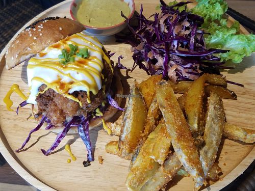 Portobello mushroom burger and sweet potato fries at Mylk & Cheeze in Bangkok