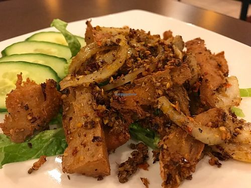 Chick Lemongrass (Spicy) 
Delicious vegan fried chicken! Crispy to perfection. It's under the Salad section in the menu. I'd order rice on the side to eat with it. Only $5.95!  at Goji Cafe in Dallas