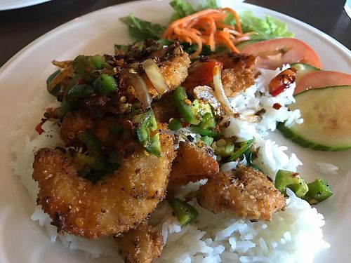 Spicy Chacha. Spicy vegan shrimp. Crispy and delicious! at Goji Cafe in Dallas