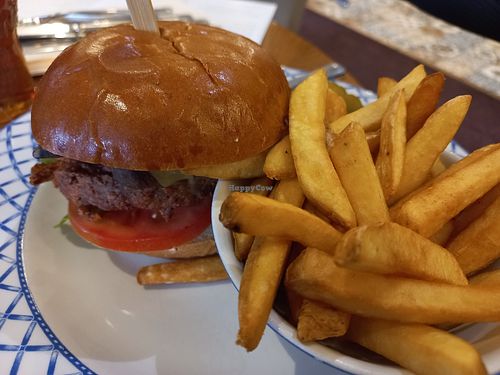 Vegan burger and fries at The Horseshoe in Warlingham