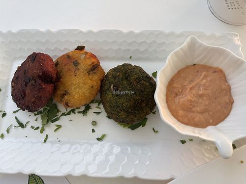 Potato cakes (this sauce is amazing )  at Pulse in Crete