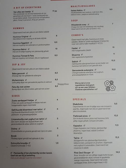 Menu at HUmmUS in The Hague