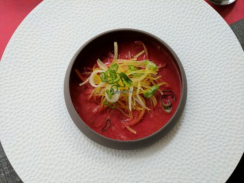 Beetroot gazpacho with daikon and spring onion - highly recommended at Ristorante Lo Stornello in Stresa