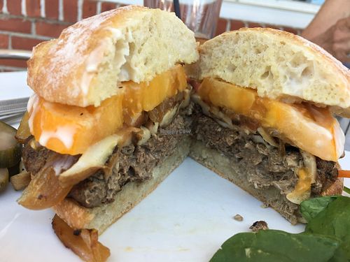 Lunch, Impossible Burger with vegan aioli, yellow tomato; extras ordered: sautéed onions and mushrooms (slight upcharge $18- without $16) at Bluewater in Barrington