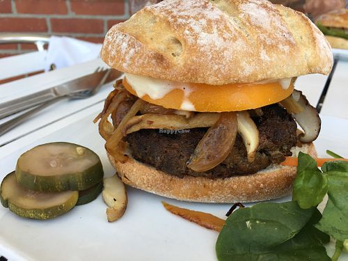 Lunch, Impossible Burger with vegan aioli, yellow tomato; extras ordered: sautéed onions and mushrooms (slight upcharge ($18- without $16) at Bluewater in Barrington
