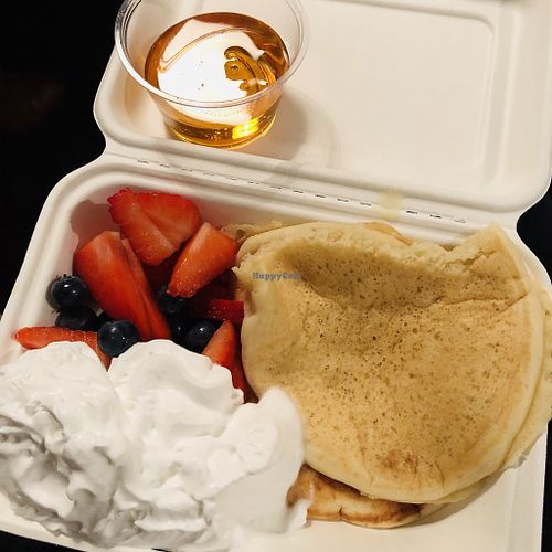 Pancakes with fruit and cream (I asked for syrup on the side)  at The Vegan Box Limited in Caerphilly