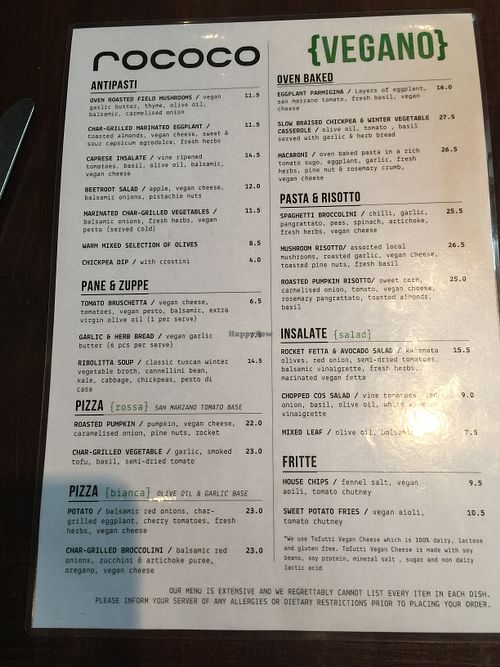  Vegan Menu July 2018 at Rococo in St Kilda