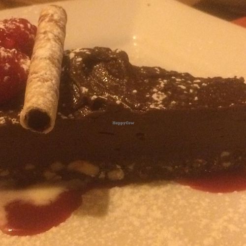vegan dark chocolate and raspberry torte.  at The Vegetarian Red Lion in Ipswich