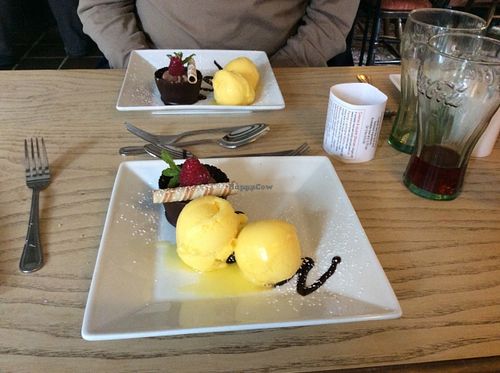 vegan chocolate orange mousse with mandarins sorbet at The Vegetarian Red Lion in Ipswich