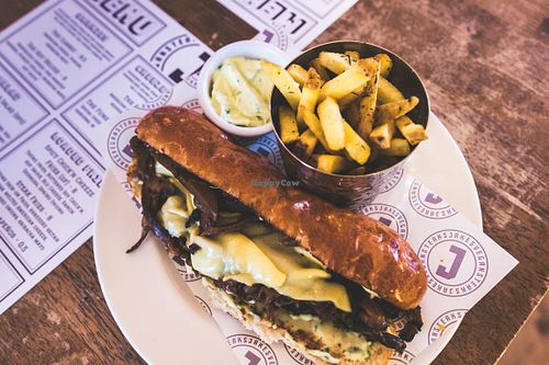 Jake's Funghi Cheeze Steak Sarnie with Thyme Fries and Bearnaise sauce (100% Vegan sauce you won't find anywhere else!) at Honeymoon in East London