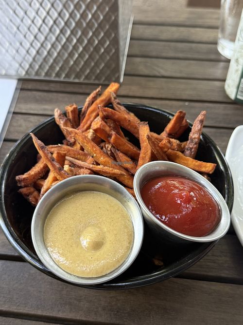 Friendly fries - sweet potato friea with vegan mustard   at Ranch Camp in Stowe
