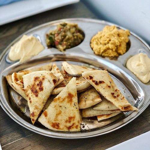 Fava, hummus, and eggplant spread at VAS Kouzina in Roswell