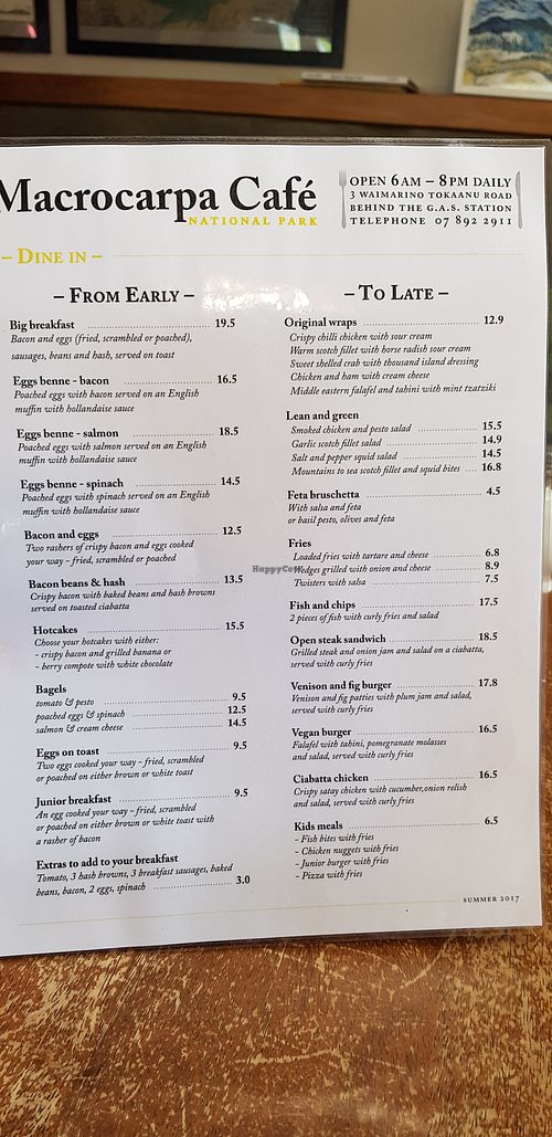 Menu Page 2 at Macrocarpa Cafe in National Park