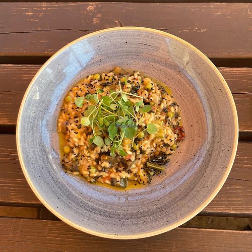 VE/GF seasonal veg and truffle risotto   at The Garlic Farm in Sandown
