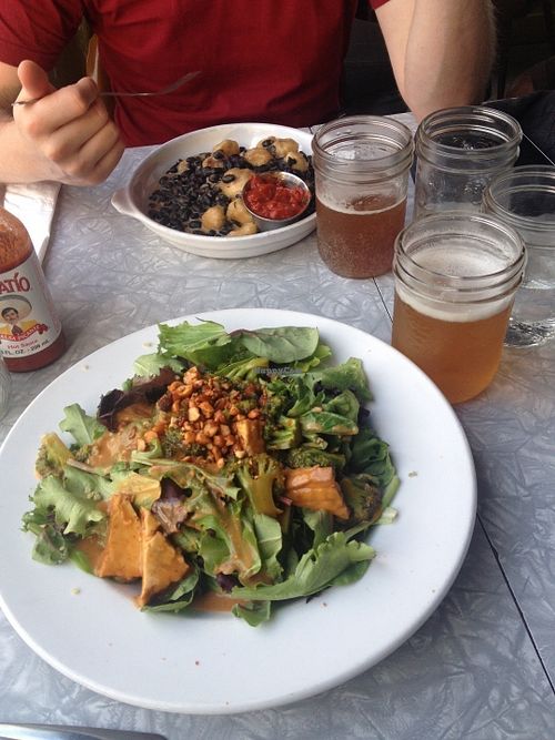 Tofu and peanut sauce salad(below), and beans with banana(above). at The Foundation Lounge in Vancouver