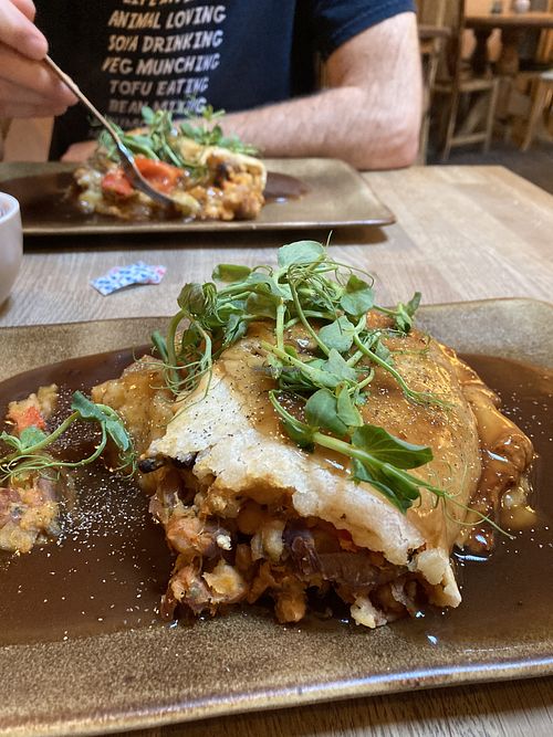 Vegan sweet potato, red pepper and bean pie with mashed potato and gravy. Yum  at Syke Farm Tea Room in Cockermouth