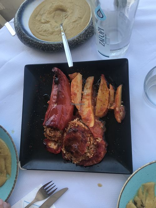 Fava beans, stuffed pepper and tomato at Aegeon Restaurant in Santorini