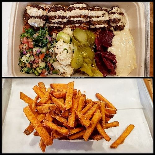 Falafel plate with salads and hummus, sweet potato fries at Tabouleh in New York City