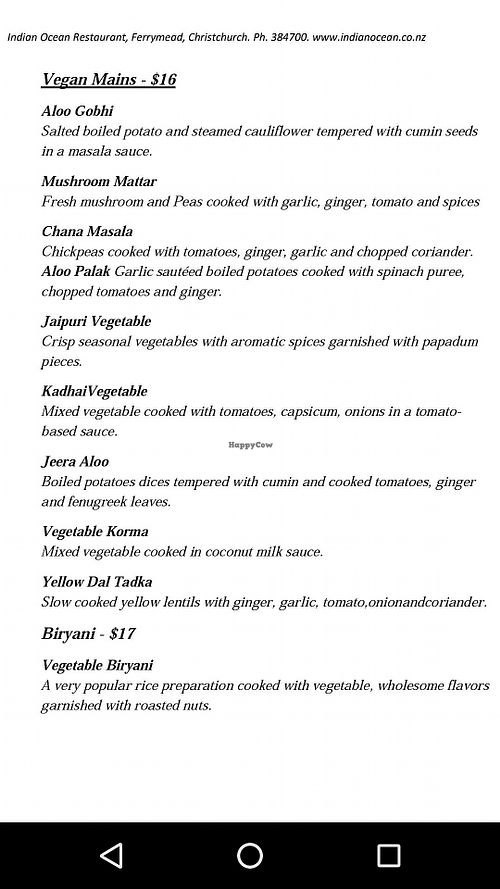 Vegan menu, part 2/2 at India Ocean Restaurant  in Christchurch