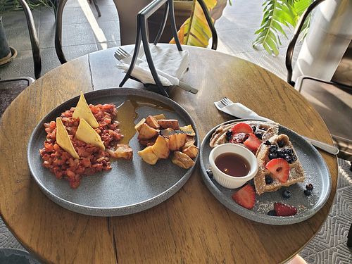 Vegan Waffles and Home Fries at Nektar Restaurant in Tijuana