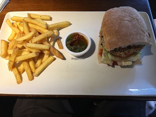 Chickpea Aubergine & Spinach Burger - with ‘roasted vegetable & grain salad’ at The Honey Bee in Wilmslow