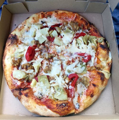 10"; Mozzarella Cheeze Pizza Pie w/ Marinara Sauce, Artichokes, Mushrooms, Roasted Red Peppers and Tempeh. Delicious! at Ethos Vegan Kitchen in Winter Park