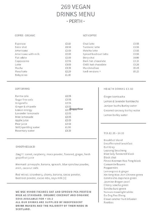 Drinks menu at 269 Vegan in Perth