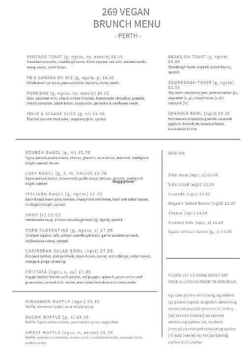 Food menu at 269 Vegan in Perth